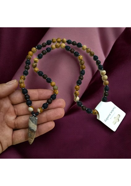 Büyük Boy Doğal Taş Kolye Ağaç Jasper Taşı Lav Taşı Ceviz Hematit Taşı Kolye 65 cm modelleri
