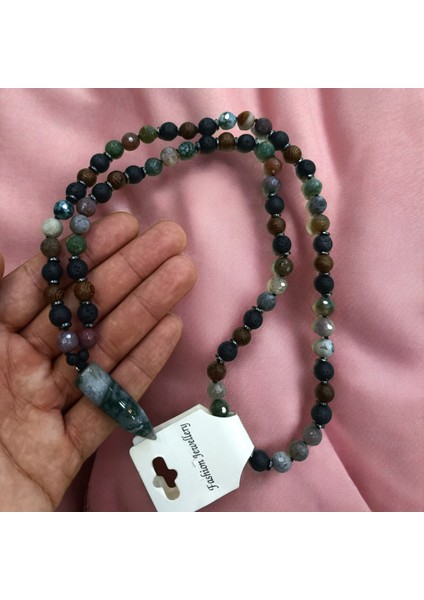 Büyük Boy Doğal Taş Kolye Hint Akik Taşı Lav Taşı Hematit Taşı Venge Kolye 65 cm Doğal Taş Kolye