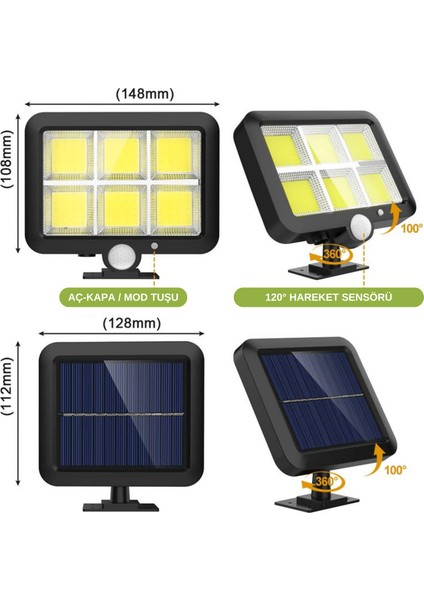 Solar Aydınlatma 120 Cob LED Çok Modlu 5 mt Kablolu Güneş Enerjili Duvar Lambası