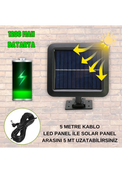 Solar Aydınlatma 120 Cob LED Çok Modlu 5 mt Kablolu Güneş Enerjili Duvar Lambası