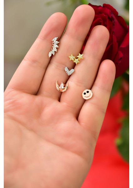 Çelik Üç Renkli 5'li Kombinli Tragus Küpe Model2