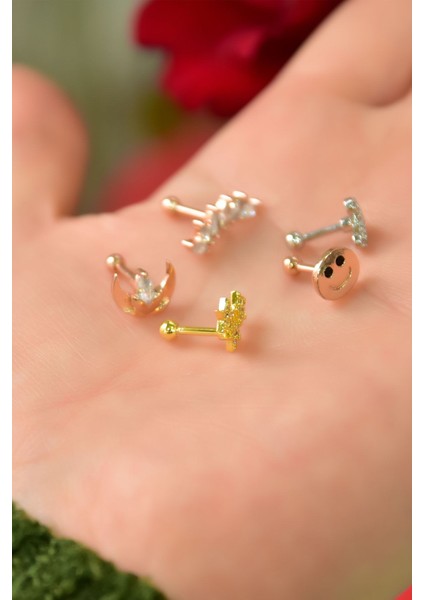 Çelik Üç Renkli 5'li Kombinli Tragus Küpe Model2 modelleri