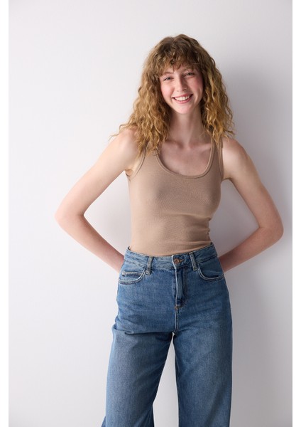 Rib Basic Bej Cami Atlet