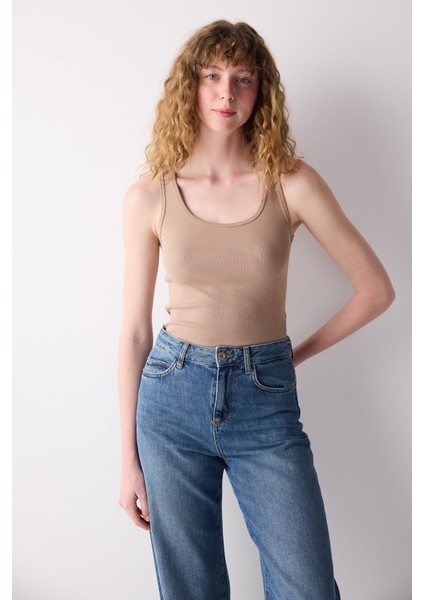 Rib Basic Bej Cami Atlet