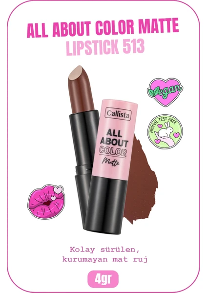 Callista Beauty Callista All About Color Matte Lipstick Mat Görünümlü Ruj 513 Hot Cocoa - Kahverengi