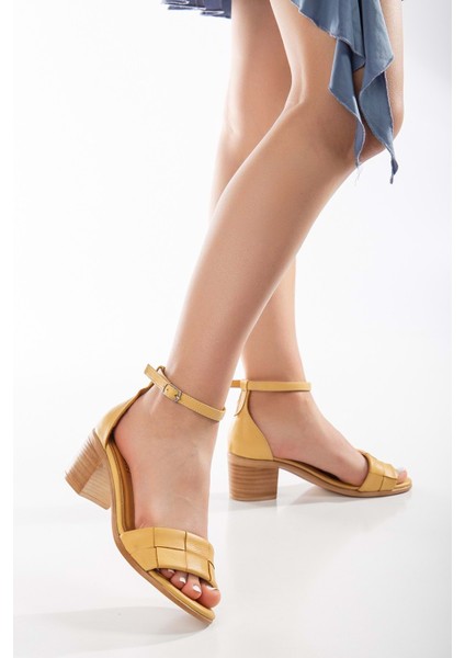 Kadın Hakiki Deri Bilekten Bağlı Topuklu Sandalet Sarı