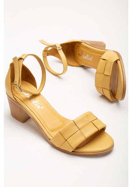 Kadın Hakiki Deri Bilekten Bağlı Topuklu Sandalet Sarı fiyatları