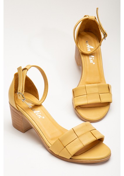 Kadın Hakiki Deri Bilekten Bağlı Topuklu Sandalet Sarı modelleri