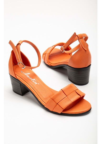Kadın Hakiki Deri Bilekten Bağlı Topuklu Sandalet Turuncu modelleri