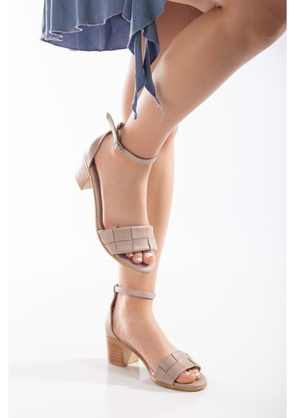 Kadın Hakiki Deri Bilekten Bağlı Topuklu Sandalet Taş