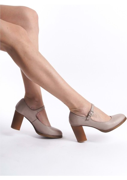 Kadın Hakiki Deri Bantlı Topuklu Ayakkabı Taş