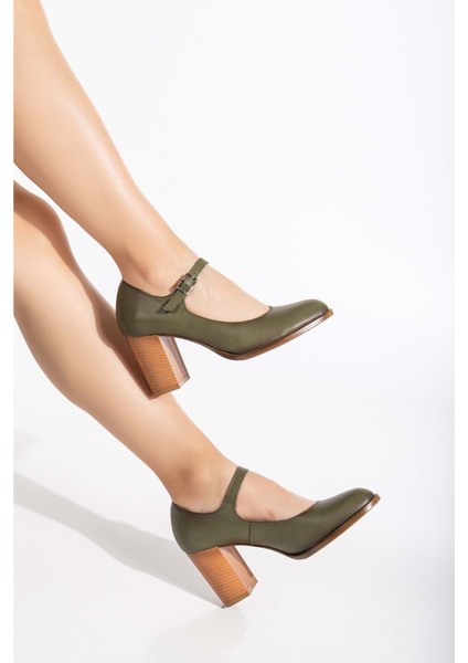 Kadın Hakiki Deri Bantlı Topuklu Ayakkabı Yeşil