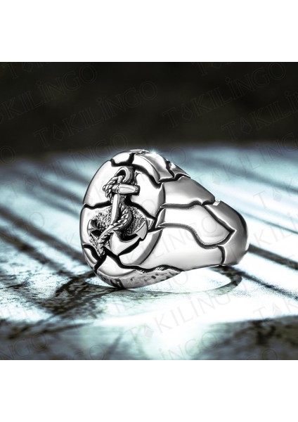 925 Ayar Gümüş Çapa Motifli Taşsız Oval denizci Erkek Yüzük