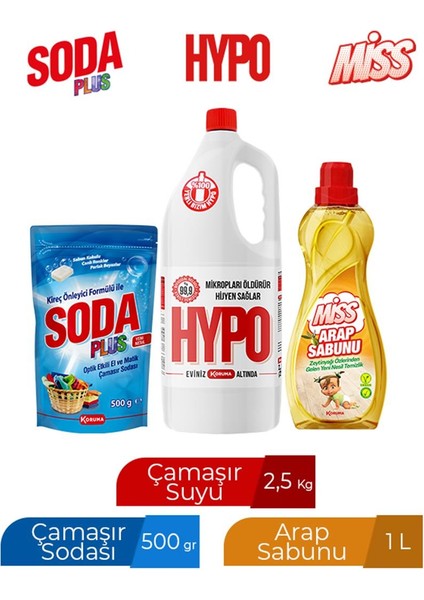 Soda Plus 500 gr + Hypo Çamaşır Suyu 2,5 kg + Miss Arap Sabunu 1000 ml