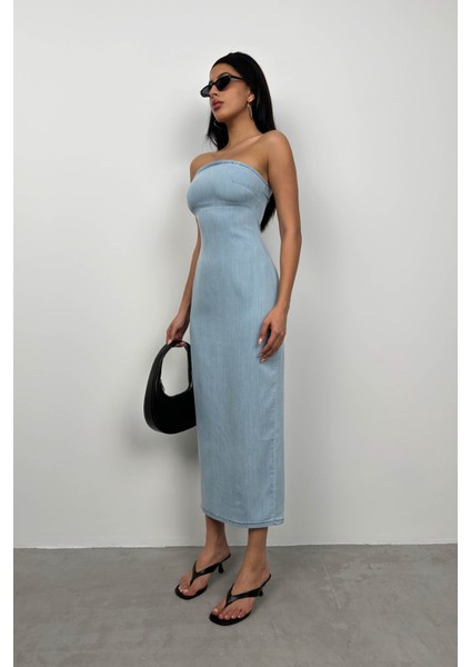 Straplez Açık Mavi Kot Elbise