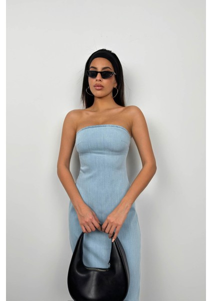 Straplez Açık Mavi Kot Elbise fiyatları