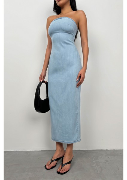 Straplez Açık Mavi Kot Elbise modelleri