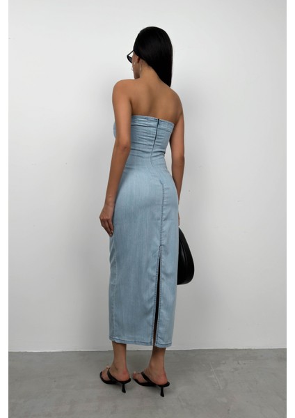 Straplez Açık Mavi Kot Elbise indirimleri