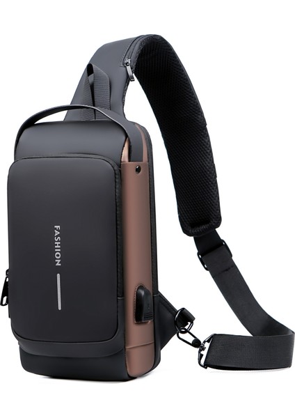 Siyah + Kahverengi 2022 Yeni Moda Su Geçirmez Göğüs Çanta USB Erkekler Crossbody Tek Kollu Çanta Erkekler Erkekler Için Crossbody Çanta (Yurt Dışından)