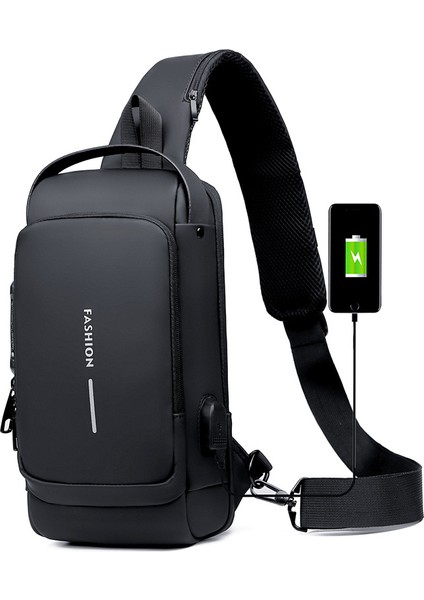 Siyah + Kahverengi 2022 Yeni Moda Su Geçirmez Göğüs Çanta USB Erkekler Crossbody Tek Kollu Çanta Erkekler Erkekler Için Crossbody Çanta (Yurt Dışından)