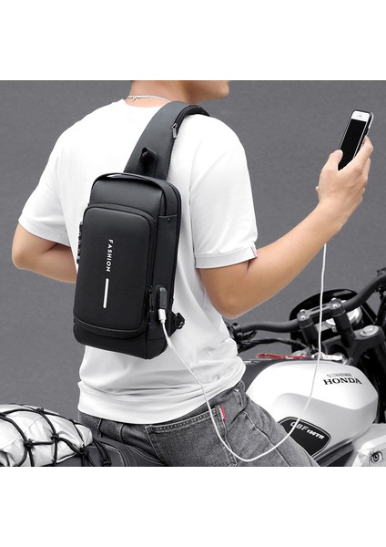 Siyah + Kahverengi 2022 Yeni Moda Su Geçirmez Göğüs Çanta USB Erkekler Crossbody Tek Kollu Çanta Erkekler Erkekler Için Crossbody Çanta (Yurt Dışından)