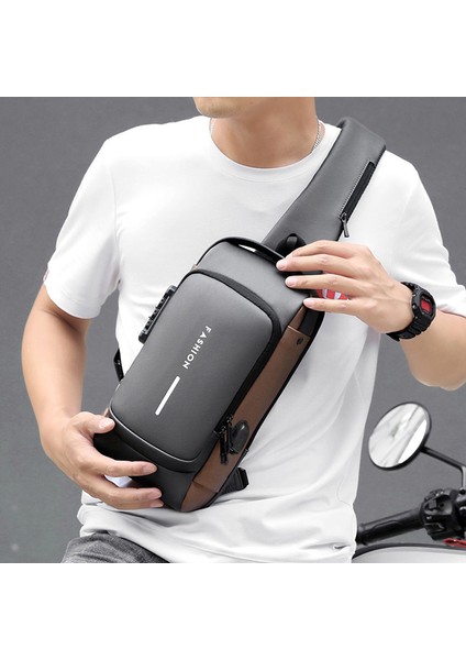 Siyah + Kahverengi 2022 Yeni Moda Su Geçirmez Göğüs Çanta USB Erkekler Crossbody Tek Kollu Çanta Erkekler Erkekler Için Crossbody Çanta (Yurt Dışından)
