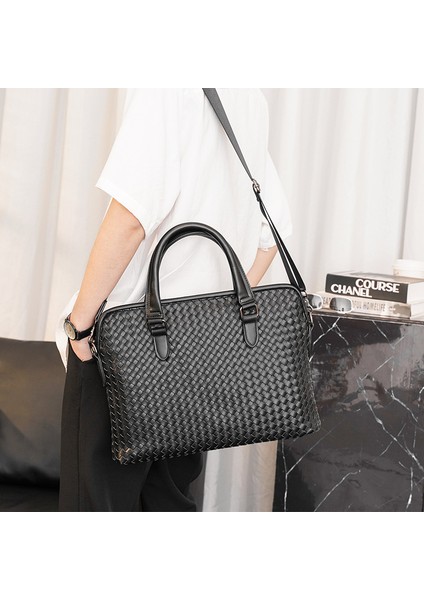 Siyah El Dokuma Iş Çanta Moda Tek Omuz Çapraz Vücut Çanta Trendy Bilgisayar Erkek Çanta Evrak Çantası (Yurt Dışından)