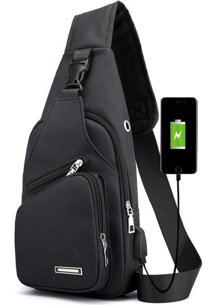 USB Şarj Portlu 7 Göğüs Omuz Sırt Çantası Su Geçirmez Crossbody Çanta Erkek Deri Askı Çantaları (Yurt Dışından)