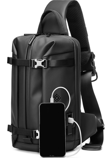 Siyah Moda Aşınmaya Dayanıklı Çapraz Vücut Crossbody Çanta Seyahat Açık Büyük Kapasiteli Erkek Omuz Sling Göğüs Çantası USB Bağlantı Noktası ile (Yurt Dışından)