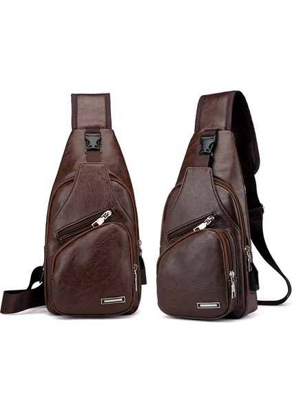 Koyu Kahverengi Mu Göğüs Çanta Erkek USB Göğüs Çanta Tasarımcısı Erkekler Messenger Crossbody Pu Deri Omuz Çantaları Seyahat Göğüs (Yurt Dışından)