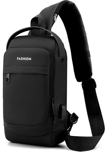 Siyah Yeni USB Erkekler Crossbody Tek Kollu Çanta 2023 Özel Logo Su Geçirmez Erkekler Çanta Vintage Erkekler Çapraz Vücut Göğüs Çantası (Yurt Dışından)