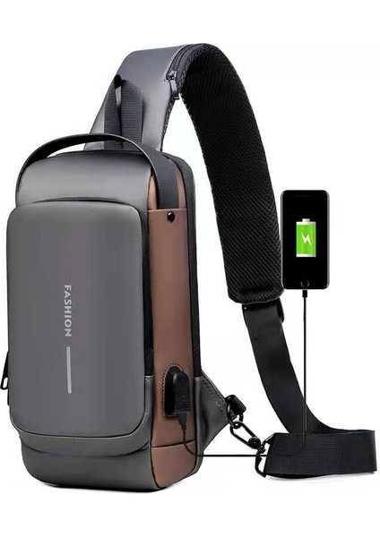 Gri + Kahverengi Anti-Hırsızlık Kısa Gps Erkekler Için Su Geçirmez USB Adam Crossbody Çanta Seyahat Messenger Sling Tasarımcı Göğüs Çantası Omuz Çantası (Yurt Dışından)