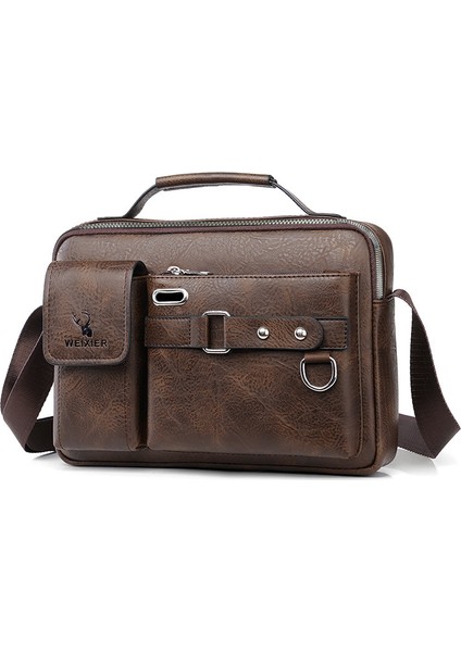 Koyu Kahverengi-Düz Örgü WTB051 Moda Su Geçirmez Messenger Çanta Büyük Kapasiteli Basit Rahat Pu Deri Erkek Crossbody Seyahat Çanta (Yurt Dışından)
