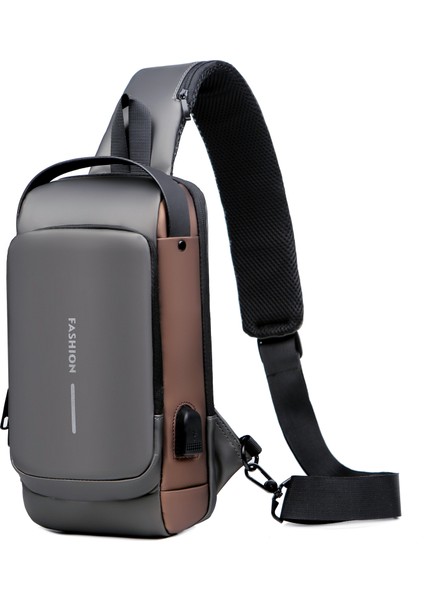 Gri ve Kahverengi Su Geçirmez Anti Hırsızlık Göğüs Çantası USB Crossbody Sling Çanta Erkekler Tek Omuz (Yurt Dışından)