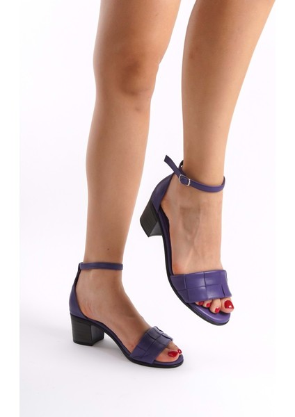 Kadın Hakiki Deri Bilekten Bağlı Topuklu Sandalet Mor indirimleri