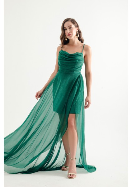 Kadın Zümrüt Yeşili Göğüs Drapeli Volanlı Simli Abiye