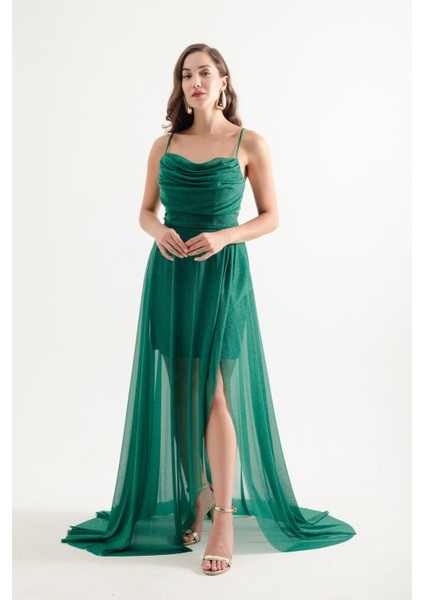 Kadın Zümrüt Yeşili Göğüs Drapeli Volanlı Simli Abiye fiyatları