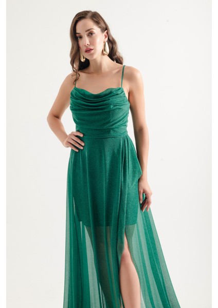 Kadın Zümrüt Yeşili Göğüs Drapeli Volanlı Simli Abiye modelleri