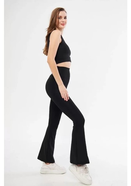 Dalgıç Yüksel Bel Ispanyol Paça Tayt - Siyah fırsatları