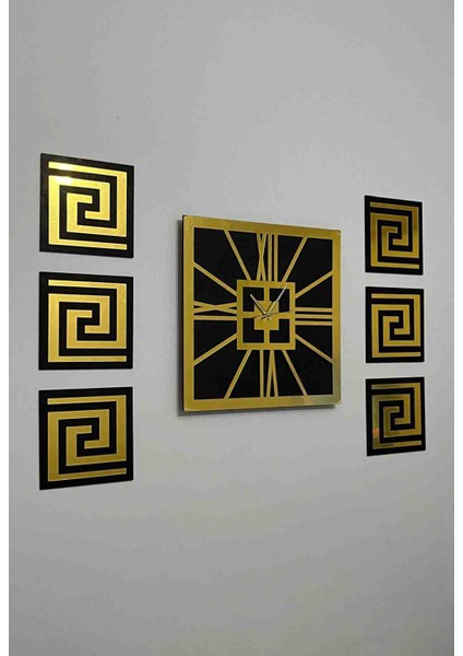 Tablo Duvar Saati Siyah - Gold Aynalı Pleksiglass Kare 7 Parça 80 x 60 cm