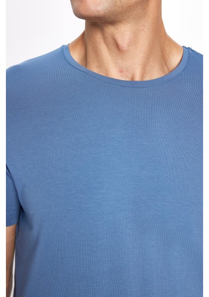 Erkek Slim Fit Dar Kesim Pamuklu Yumuşak Dokulu Esnek Kumaş Düz Basic Mavi Bisiklet Yaka Tişört fırsatları