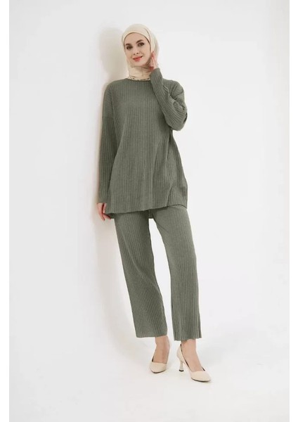 Uzun Kollu Organik Yıkanmış Kumaş Fitilli Pantalonlu Takım - Yeşil fiyatları