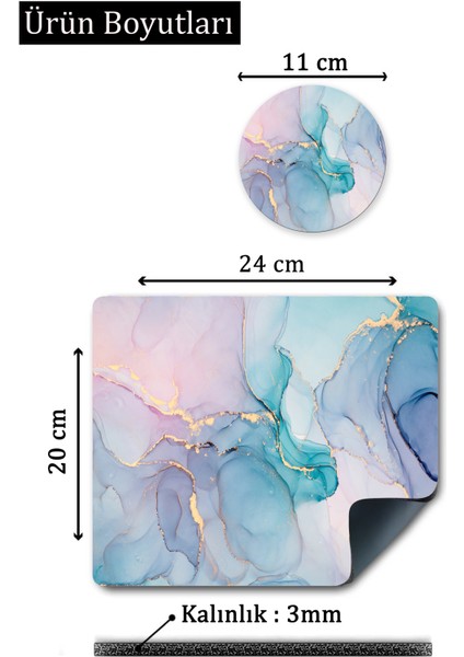 Asmat Paw 24CMX20CM Yeşil Mermer Desenli Su Geçirmez Kaymaz Taban Mause Pad (Fare) ve Bardak Altlığı Takım