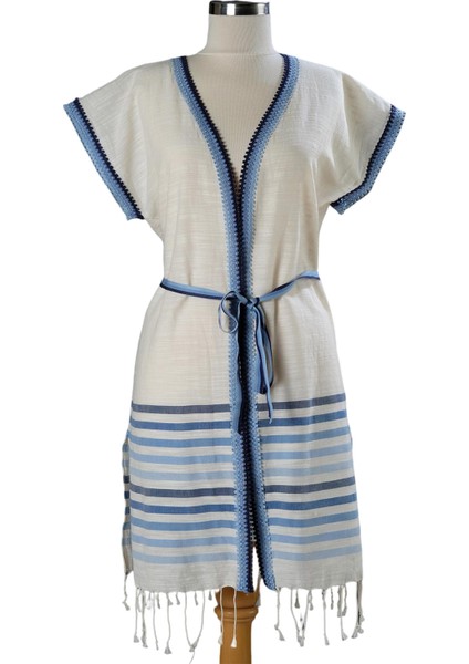 Mavi Tasarım Bantlı Kemerli Pamuklu Kimono