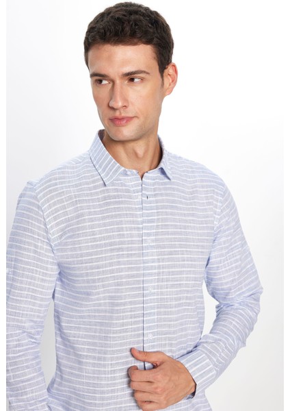 Erkek Slim Fit Dar Kesim Uzun Kollu Pamuk Keten Doku Çizgili Mavi Gömlek