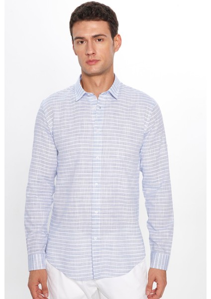 Erkek Slim Fit Dar Kesim Uzun Kollu Pamuk Keten Doku Çizgili Mavi Gömlek fiyatları