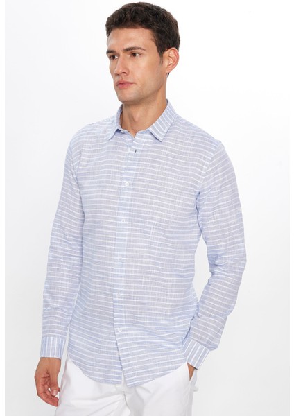 Erkek Slim Fit Dar Kesim Uzun Kollu Pamuk Keten Doku Çizgili Mavi Gömlek modelleri
