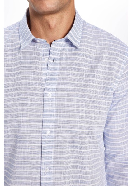 Erkek Slim Fit Dar Kesim Uzun Kollu Pamuk Keten Doku Çizgili Mavi Gömlek fırsatları