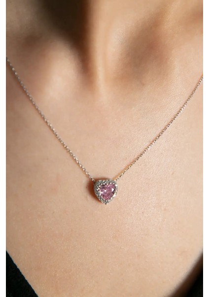 Swarovski Taşlı Pandora’s Model Pembe Kalp Taş Detay 925 Ayar Gümüş • Sevgiliye • Arkadaşa Kolye