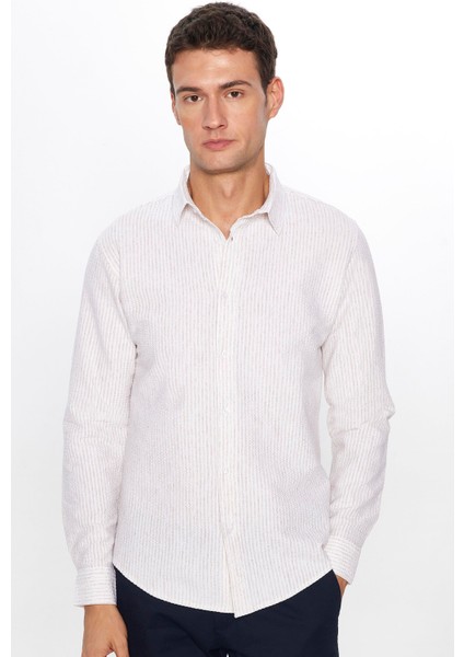 Slim Fit Dar Kesim Çizgili Tek Cepli Esnek Yazlık Erkek Beyaz Gömlek